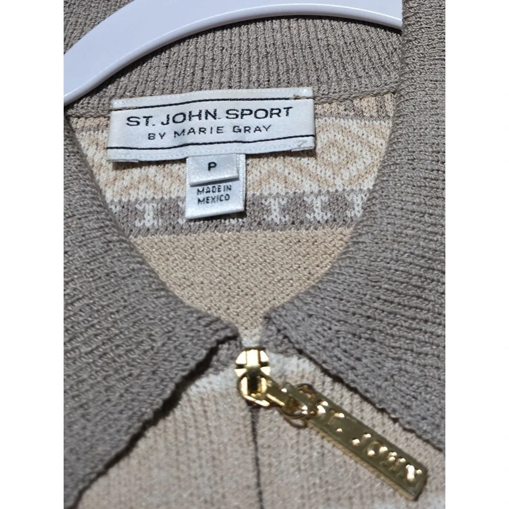 St John Sport Marie Gray Wool Blend Zip Up Sweater Fair Isle Star Beige Tan P